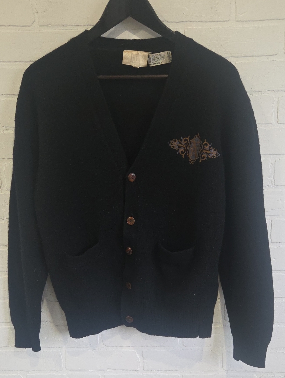 Novo Black Button-Up Cardigan with Embroidered Crest